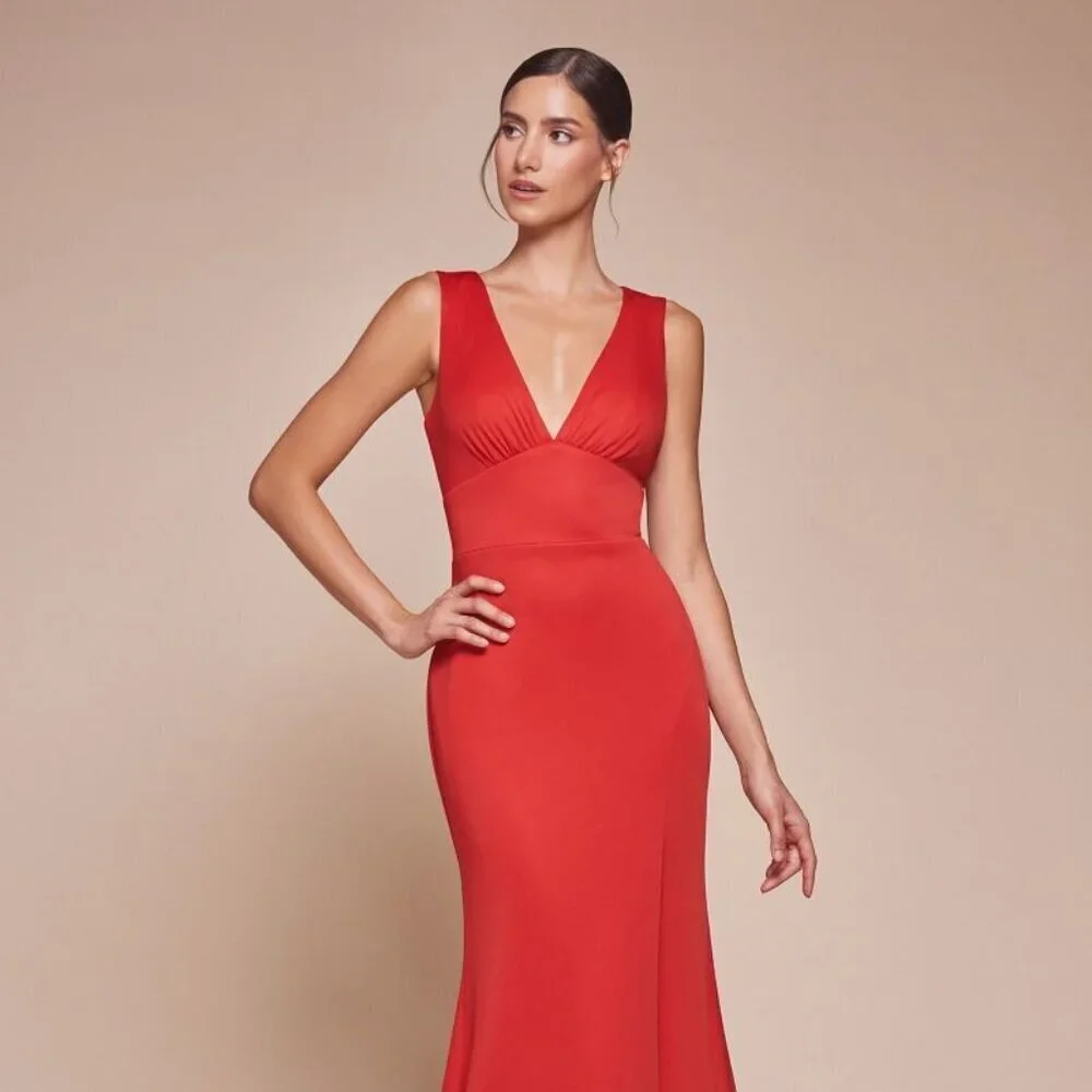 NEW FORMAL MAXI SLEEVELESS SHEATH SOLID V-NECK DRESS W/ HIGH LEG SLIT CD CH395